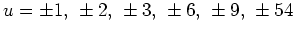 $\displaystyle u=\pm1 \textnormal{, } \pm2 \textnormal{, } \pm3 \textnormal{, } \pm6 \textnormal{, } \pm9 \textnormal{, } \pm54
$