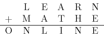 \begin{tabular}{cccccl}
& L & E & A & R & N \\
+ & M & A & T & H & E \\ \hline
O & N & L & I & N & E
\end{tabular}